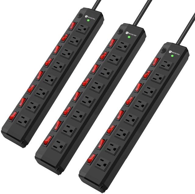 Main image of 3PCS 8 Outlet Heavy Duty Power Strip with 8 Individual Switches,Moutable Metal Power Strip Surge Protector 1200 Joules,6FT 14AWG Extension Cord,15A 1800W 125V 60Hz