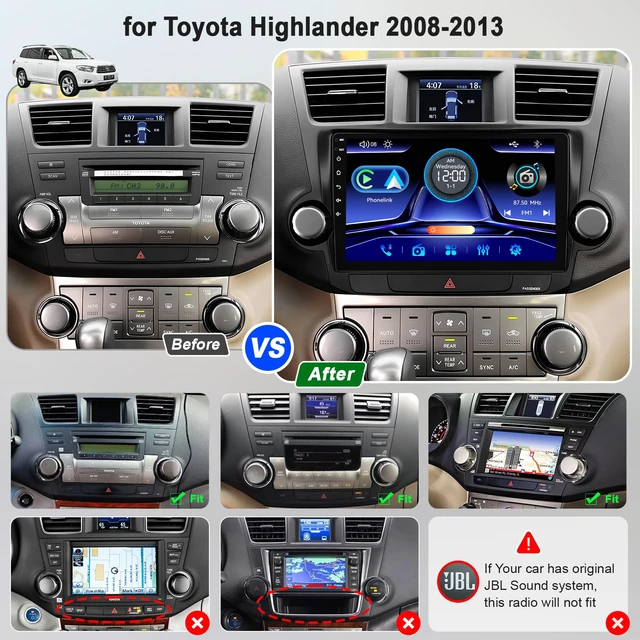Alt view image 2 of 7 - Car Radio Stereo for Toyota Highlander 2008-2013 (Without JBL Sound System), Support Wireless Carplay/Android Auto/Mirrorlink, 10.2 Inch QLED Touchscreen with Bluetooth,FM Radio