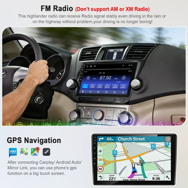 Alt view image 6 of 7 - Car Radio Stereo for Toyota Highlander 2008-2013 (Without JBL Sound System), Support Wireless Carplay/Android Auto/Mirrorlink, 10.2 Inch QLED Touchscreen with Bluetooth,FM Radio