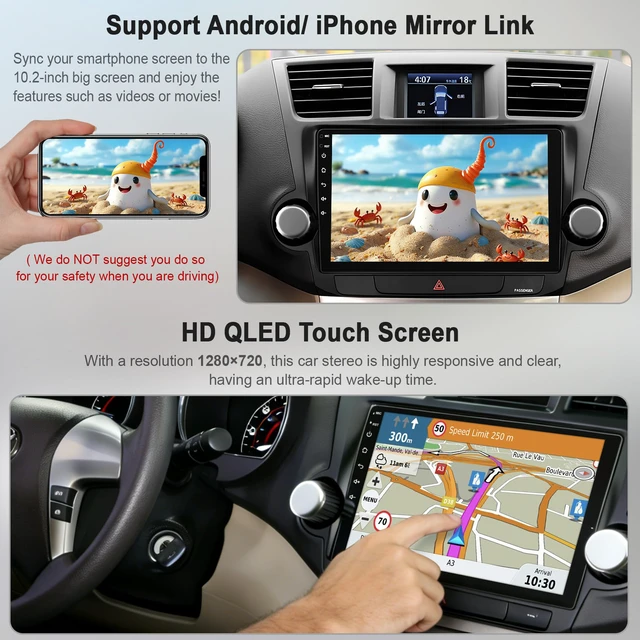 Alt view image 4 of 7 - Car Radio Stereo for Toyota Highlander 2008-2013 (Without JBL Sound System), Support Wireless Carplay/Android Auto/Mirrorlink, 10.2 Inch QLED Touchscreen with Bluetooth,FM Radio