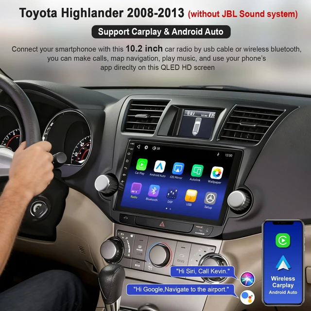 Alt view image 3 of 7 - Car Radio Stereo for Toyota Highlander 2008-2013 (Without JBL Sound System), Support Wireless Carplay/Android Auto/Mirrorlink, 10.2 Inch QLED Touchscreen with Bluetooth,FM Radio
