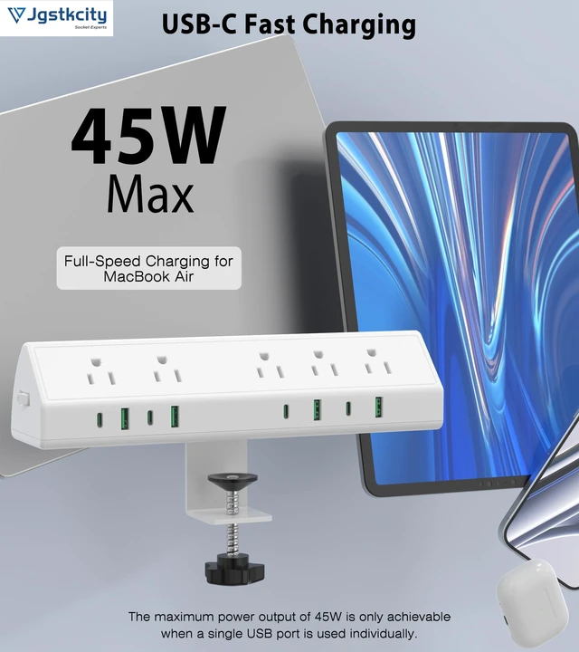 Alt view image 4 of 7 - Desk Clamp Power Strip USB C 45W,8 USB,20FT Cable,White 4 USB-C,Edge Mount,1875W Extension Cord,15A Switch,ETL Listed,Office,Gaming,Dorm