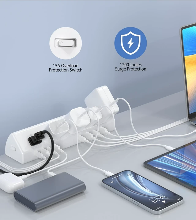 Alt view image 3 of 7 - Desk Clamp Power Strip USB C 45W,8 USB,20FT Cable,White 4 USB-C,Edge Mount,1875W Extension Cord,15A Switch,ETL Listed,Office,Gaming,Dorm