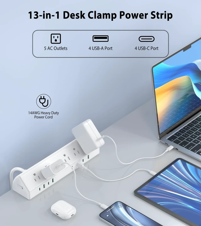 Alt view image 2 of 7 - Desk Clamp Power Strip USB C 45W,8 USB,20FT Cable,White 4 USB-C,Edge Mount,1875W Extension Cord,15A Switch,ETL Listed,Office,Gaming,Dorm
