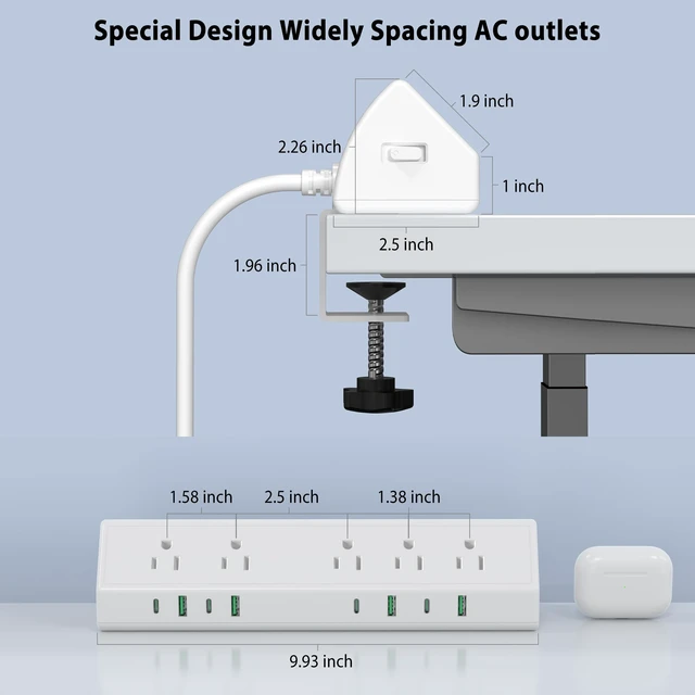 Alt view image 7 of 7 - Desk Clamp Power Strip USB C 45W,8 USB,20FT Cable,White 4 USB-C,Edge Mount,1875W Extension Cord,15A Switch,ETL Listed,Office,Gaming,Dorm