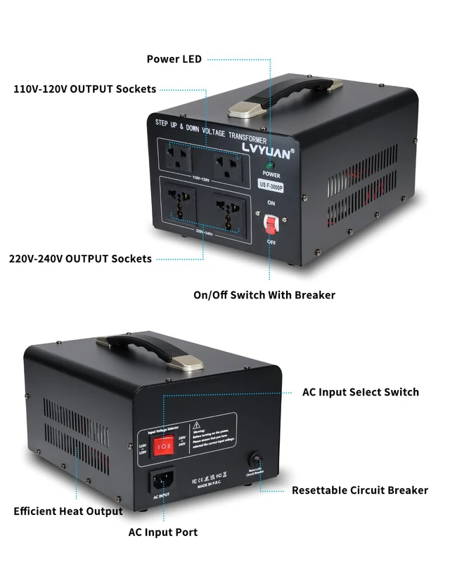 Alt view image 2 of 7 - 3000 Watt Voltage Converter Transformer Heavy Duty Step Up/Down AC 110V/120V/220V/240V Power Converter with 2 US Outlets, 2 Universal Outlets, Resettable Circuit Breaker Protection