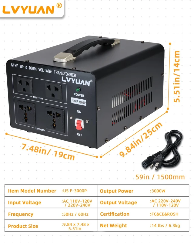 Alt view image 7 of 7 - 3000 Watt Voltage Converter Transformer Heavy Duty Step Up/Down AC 110V/120V/220V/240V Power Converter with 2 US Outlets, 2 Universal Outlets, Resettable Circuit Breaker Protection