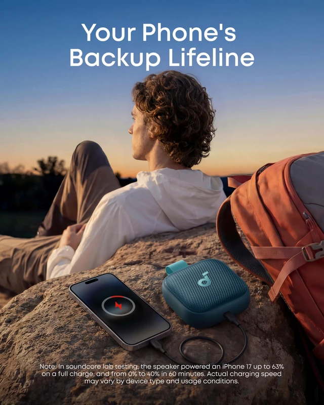 Alt view image 6 of 6 - Boom Go 3i Portable Bluetooth Speaker by Anker, 15W Punchy Sound, 24H Playtime, IP68, BassUp 2.0, Emergency Charging, Bluetooth 6.0, Waterproof Speaker for Hiking/Cycling/Camping (Blue)