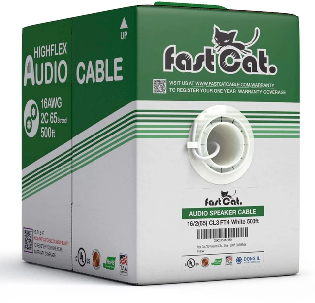 Main image of Speaker Wire 16 Guage 2C, UL Listed & CMR/CL3R-FT4 Rated - Speaker Cable w/PVC Jacket, 100% Oxygen-Free Pure Bare Copper - (65) HighFlex 16 Guage Wire - in-Wall Use-500ft Bulk Cable, White