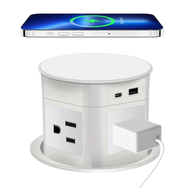 Main image of Pop Up Outlet 15W Wireless Charger,4 Outlets 1875W USB C PD20W Super Charging 6.5FT 16AWG Cable 3.86 inch Hole Pop Up Power Outlet for Kitchen Countertop,Office Conference Table UL Testing -White