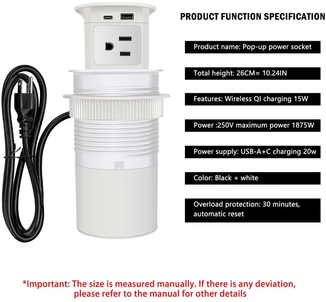 Alt view image 3 of 7 - Pop Up Outlet 15W Wireless Charger,4 Outlets 1875W USB C PD20W Super Charging 6.5FT 16AWG Cable 3.86 inch Hole Pop Up Power Outlet for Kitchen Countertop,Office Conference Table UL Testing -White