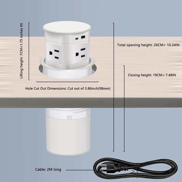 Alt view image 6 of 7 - Pop Up Outlet 15W Wireless Charger,4 Outlets 1875W USB C PD20W Super Charging 6.5FT 16AWG Cable 3.86 inch Hole Pop Up Power Outlet for Kitchen Countertop,Office Conference Table UL Testing -White