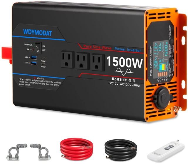 Main image of 1500W Pure Sine Wave Inverter, Car Power Inverter 12V to 110V 120V, DC to AC Converter Generator with AC Outlets 3.0A USB Type-C, Remote Controller LCD Display Truck Inversor for Vehicles, RV