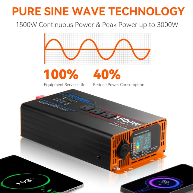 Alt view image 2 of 7 - 1500W Pure Sine Wave Inverter, Car Power Inverter 12V to 110V 120V, DC to AC Converter Generator with AC Outlets 3.0A USB Type-C, Remote Controller LCD Display Truck Inversor for Vehicles, RV