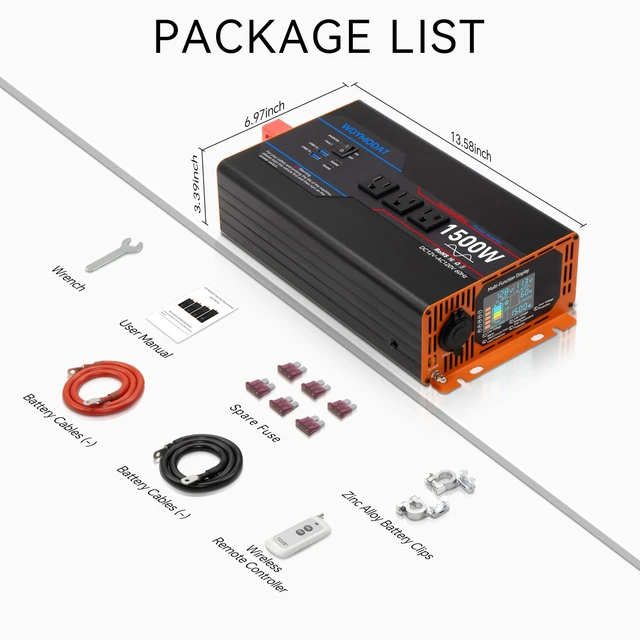 Alt view image 7 of 7 - 1500W Pure Sine Wave Inverter, Car Power Inverter 12V to 110V 120V, DC to AC Converter Generator with AC Outlets 3.0A USB Type-C, Remote Controller LCD Display Truck Inversor for Vehicles, RV