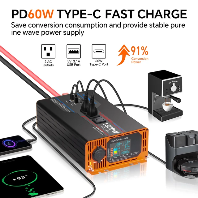 Alt view image 6 of 7 - 1500W Pure Sine Wave Inverter, Car Power Inverter 12V to 110V 120V, DC to AC Converter Generator with AC Outlets 3.0A USB Type-C, Remote Controller LCD Display Truck Inversor for Vehicles, RV