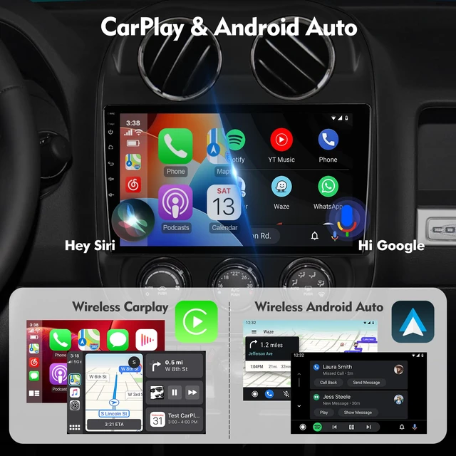 Alt view image 2 of 6 - 10.1 Inch IPS Touchscreen Android 12 Car Stereo for Jeep Compass/Patriot 2010-2016 with Wireless CarPlay & Android Auto, 32GB, GPS, WiFi, Bluetooth, FM Radio, Backup Camera, SWC