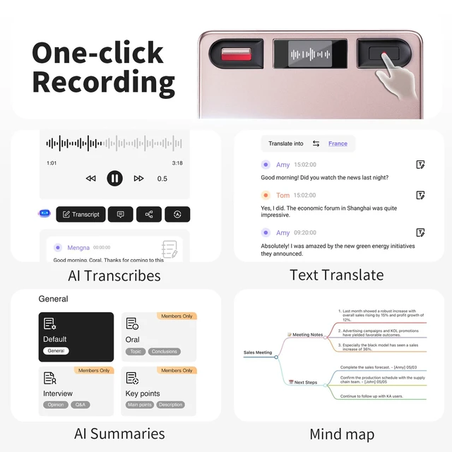 Alt view image 5 of 7 - AI Voice Recorder, Professional Voice Activated Recorder with AI Transcription & Summarize, 64GB Storage, 30H Battery, Noise Cancellation and AI Note Taker for Meetings and Interviews & calls