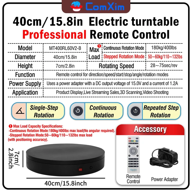 Alt view image 2 of 7 - 15.8In Remote Motorized Electric Turntable Rotating Display Stand Rotating Platform Photography Turntable motorized lazy susan base giratoria para for Photography,3D Scanner,(Load Range:132~400lbs)