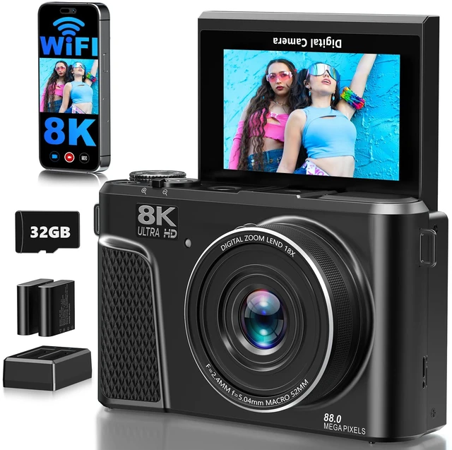 Main image of 8K Digital Camera for Photography, 88MP Autofocus Vlogging Camera for YouTube, 18X Zoom 3" 180° Flip Screen Travel Camera with 2 Batteries and 32 GB Gard, Gunmetal