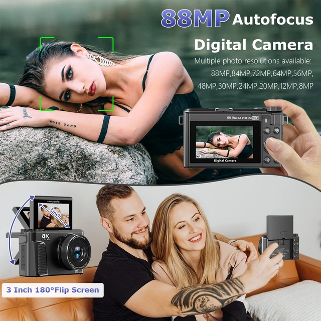 Alt view image 3 of 7 - 8K Digital Camera for Photography, 88MP Autofocus Vlogging Camera for YouTube, 18X Zoom 3" 180° Flip Screen Travel Camera with 2 Batteries and 32 GB Gard, Gunmetal