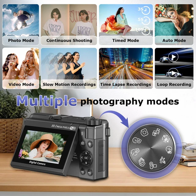 Alt view image 5 of 7 - 8K Digital Camera for Photography, 88MP Autofocus Vlogging Camera for YouTube, 18X Zoom 3" 180° Flip Screen Travel Camera with 2 Batteries and 32 GB Gard, Gunmetal