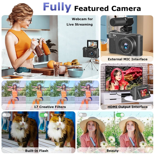 Alt view image 7 of 7 - 8K Digital Camera for Photography, 88MP Autofocus Vlogging Camera for YouTube, 18X Zoom 3" 180° Flip Screen Travel Camera with 2 Batteries and 32 GB Gard, Gunmetal