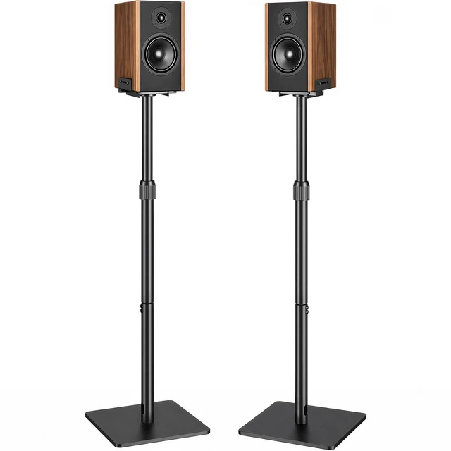 Main image of Height-Adjustable Speaker Stands Pair, Black Height Adjustable from 33.4" to 44", 11LBS Capacity, Surround Sound Speaker Stands, Cable Management, 1 Pair