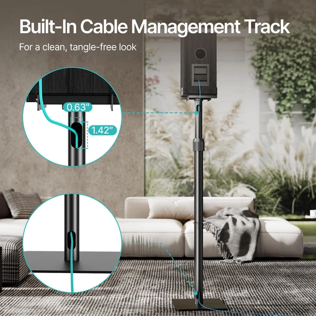 Alt view image 4 of 7 - Height-Adjustable Speaker Stands Pair, Black Height Adjustable from 33.4" to 44", 11LBS Capacity, Surround Sound Speaker Stands, Cable Management, 1 Pair