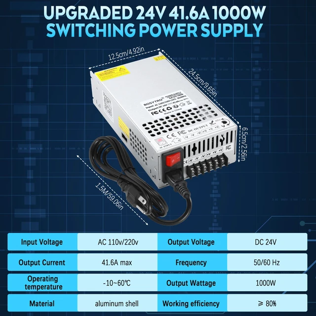 Alt view image 2 of 7 - Upgrade 24V 41.6A 1000W DC Switching Power Supply, Universal Transformers PSU AC110V/220V (SMPS), Upgraded Output Port with Power Cord, 24 Volt Power Supply for 3D Printer, CCTV, DC Motor