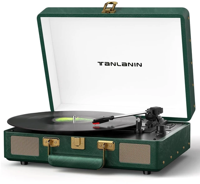 Main image of Vintage 3-Speed Bluetooth Record Player, Portable Suitcase Turntable with Built-in Stereo Speakers & USB Recording, Converts Vinyl to Digital MP3, Dark Green