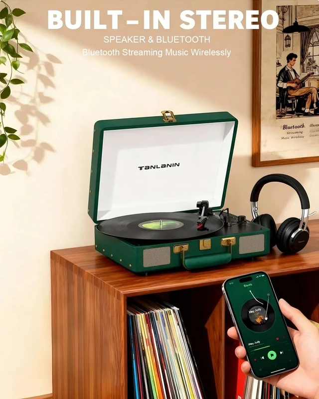 Alt view image 2 of 7 - Vintage 3-Speed Bluetooth Record Player, Portable Suitcase Turntable with Built-in Stereo Speakers & USB Recording, Converts Vinyl to Digital MP3, Dark Green