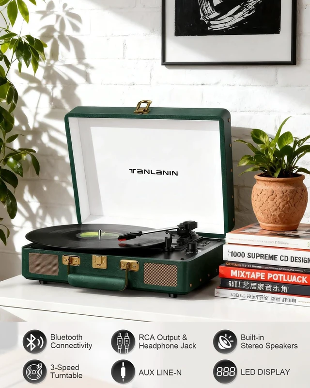 Alt view image 3 of 7 - Vintage 3-Speed Bluetooth Record Player, Portable Suitcase Turntable with Built-in Stereo Speakers & USB Recording, Converts Vinyl to Digital MP3, Dark Green