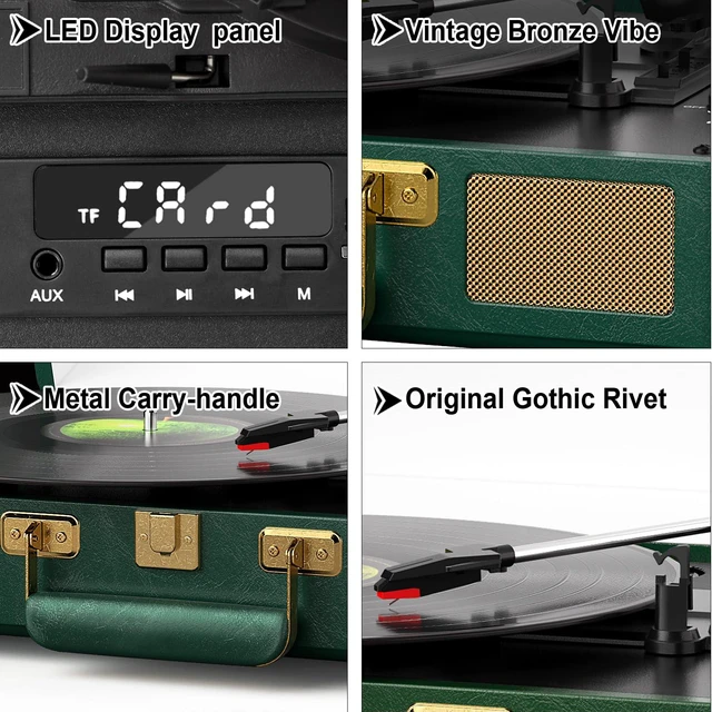 Alt view image 4 of 7 - Vintage 3-Speed Bluetooth Record Player, Portable Suitcase Turntable with Built-in Stereo Speakers & USB Recording, Converts Vinyl to Digital MP3, Dark Green