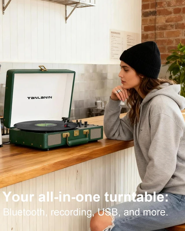 Alt view image 5 of 7 - Vintage 3-Speed Bluetooth Record Player, Portable Suitcase Turntable with Built-in Stereo Speakers & USB Recording, Converts Vinyl to Digital MP3, Dark Green
