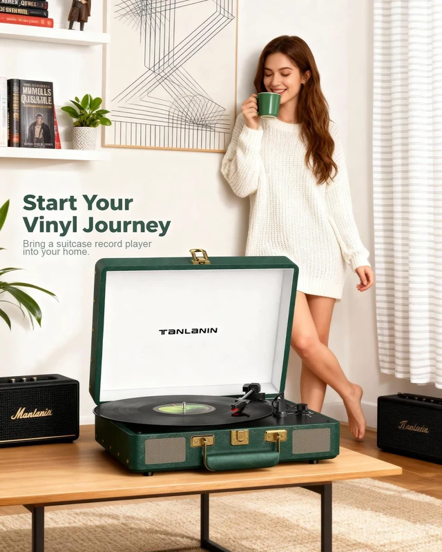 Alt view image 6 of 7 - Vintage 3-Speed Bluetooth Record Player, Portable Suitcase Turntable with Built-in Stereo Speakers & USB Recording, Converts Vinyl to Digital MP3, Dark Green