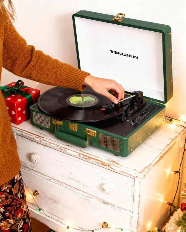 Alt view image 7 of 7 - Vintage 3-Speed Bluetooth Record Player, Portable Suitcase Turntable with Built-in Stereo Speakers & USB Recording, Converts Vinyl to Digital MP3, Dark Green