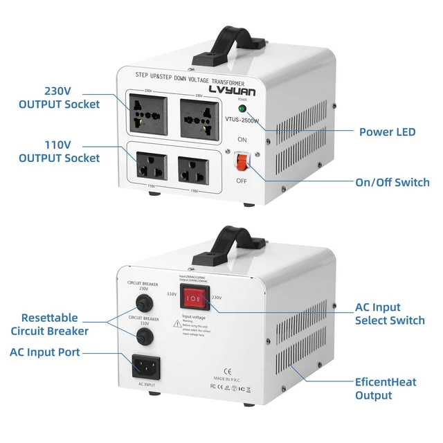 Alt view image 3 of 7 - 2500W Watt Voltage Transformer Converter Step Up/Down Converter 110/120 Volt - 220/240 Volt with 3 US&2 EU&1 Universal Outlet and CE Certified,Circuit Break Protection