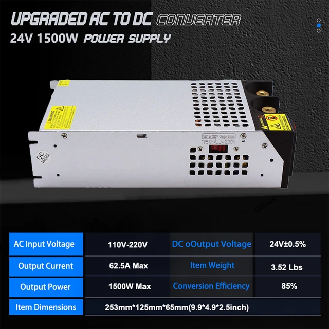 Alt view image 2 of 7 - AC to DC 24V 62.5A 1500W Power Supply,Universal SMPS Switching 110V to 24V Converter Transformer Driver Adapter for DIY,RV,Pump,LED Strip,LCD Monitor(DC24V-62A-1500W)