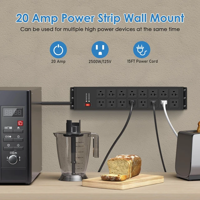 Alt view image 3 of 7 - Heavy Duty 20 Amp Power Strip 4800J, 16 Outlets 12 Gauge Garage Industrial Surge Protector, High Amp 5-15P Adapter Shop 6-20R T-Slot Metal Outlet, 15 FT Extension Cord Commercial for Appliance