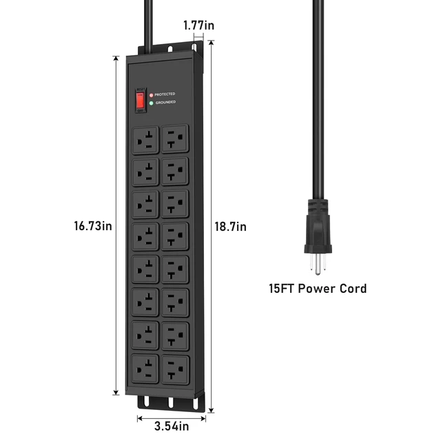 Alt view image 7 of 7 - Heavy Duty 20 Amp Power Strip 4800J, 16 Outlets 12 Gauge Garage Industrial Surge Protector, High Amp 5-15P Adapter Shop 6-20R T-Slot Metal Outlet, 15 FT Extension Cord Commercial for Appliance