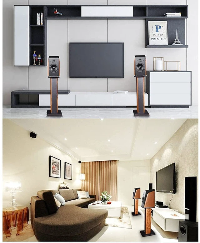 Alt view image 6 of 7 - Wood Grain Speaker Stands 36 Inch Universal Floor Speaker Stand Pair Heavy Duty Hollowed Stands for Home Theater Speakers with Sand Filling Tuning Function - Pair