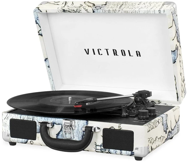 Main image of Journey Bluetooth Portable Suitcase Record Player with Built-in Speakers, 3 Speed Vinyl Record Player, RCA Out, Headphone Jack (Retro Map)