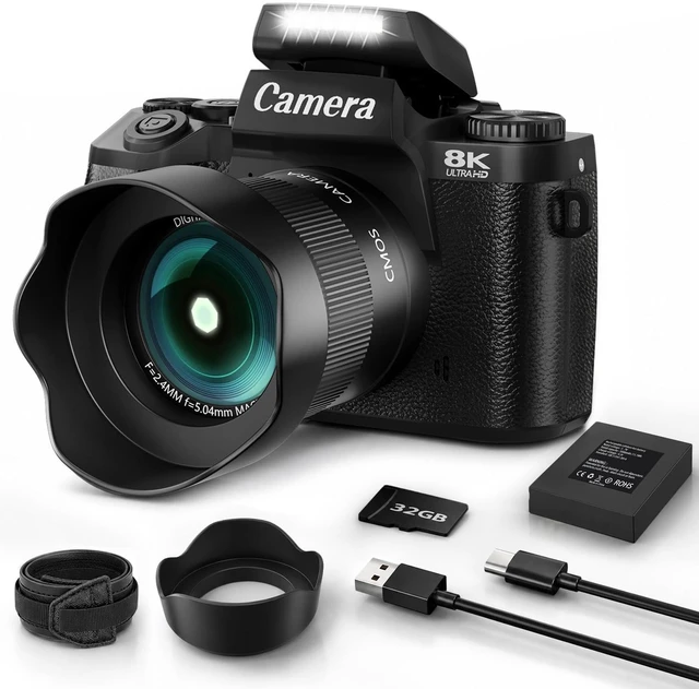 Main image of 8K Digital Cameras for Photography, 64MP Vlogging Camera for YouTube with 4" Touch Screen, Dual Front/Rear Cameras with LED Fill Light, 3000MAh Battery, Lens Hood, Hot Shoe & 32GB TF Card(Black
