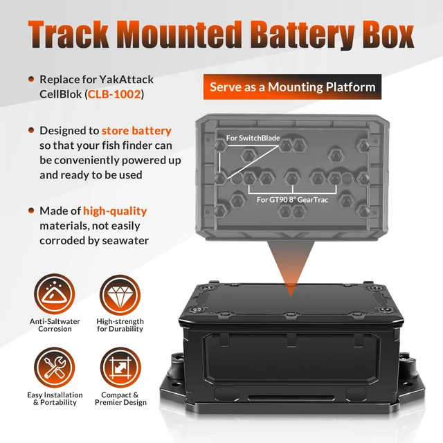 Alt view image 4 of 7 - Track Mounted Battery Box for Fish Finders, Replace for YakAttack CellBlok (CLB-1002), Compatible with YakAttack Switchblade Transducer Arm, Fit for Most 7, 9, or 10 Ah 12v Batteries