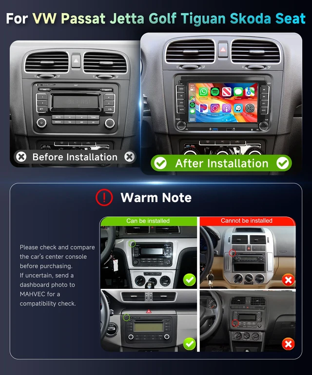Alt view image 2 of 7 - Car Radio Stereo for VW Jetta Passat Tiguan Golf MK5 MK6 Seat, 2+64G 7" Touch Screen/Android 15/Wireless CarPlay/Android Auto/Two USB/DSP EQ/GPS/WiFi/Bluetooth/FM/RDS/SWC/HD Backup Camera