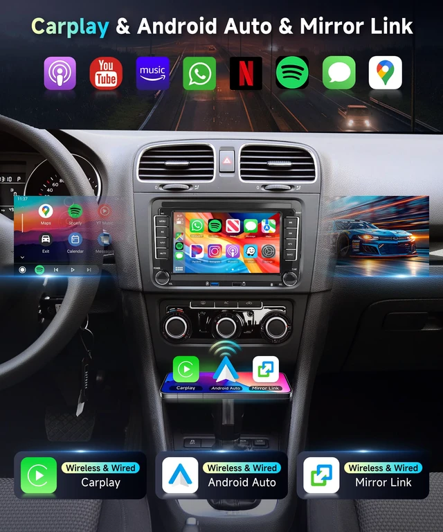 Alt view image 3 of 7 - Car Radio Stereo for VW Jetta Passat Tiguan Golf MK5 MK6 Seat, 2+64G 7" Touch Screen/Android 15/Wireless CarPlay/Android Auto/Two USB/DSP EQ/GPS/WiFi/Bluetooth/FM/RDS/SWC/HD Backup Camera