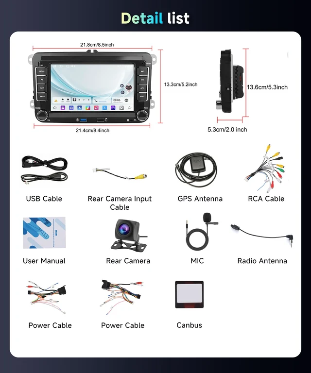 Alt view image 7 of 7 - Car Radio Stereo for VW Jetta Passat Tiguan Golf MK5 MK6 Seat, 2+64G 7" Touch Screen/Android 15/Wireless CarPlay/Android Auto/Two USB/DSP EQ/GPS/WiFi/Bluetooth/FM/RDS/SWC/HD Backup Camera