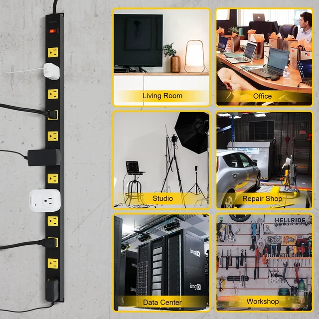 Alt view image 7 of 7 - 12 Outlet Metal Power Strip, 15FT Cord Surge Protector, 2 Pack Flat Plug, Wide Spaced Outlet Bar, 15A Breaker, Wall Mountable, Industrial Heavy Duty, Work Bench, Shop, Garage