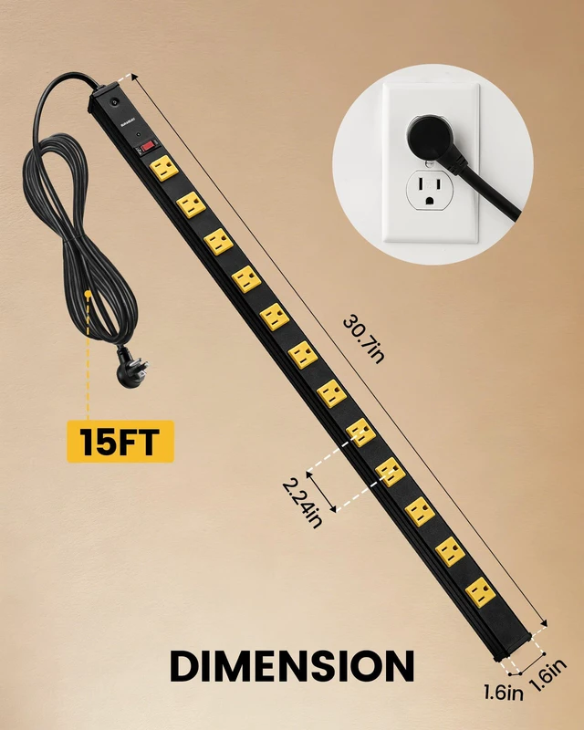 Alt view image 6 of 7 - 12 Outlet Metal Power Strip, 15FT Cord Surge Protector, 2 Pack Flat Plug, Wide Spaced Outlet Bar, 15A Breaker, Wall Mountable, Industrial Heavy Duty, Work Bench, Shop, Garage